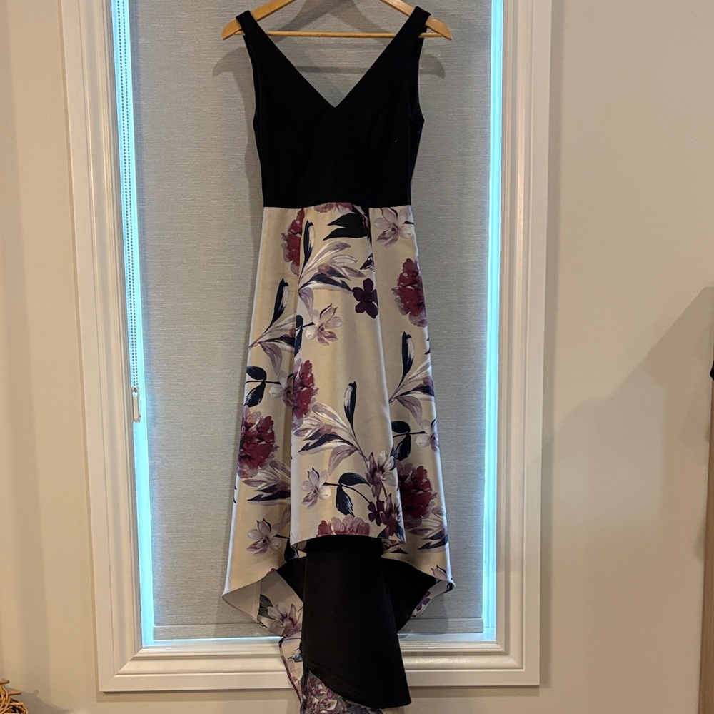 Le Chateau Black and Cream Floral High-Low Dress